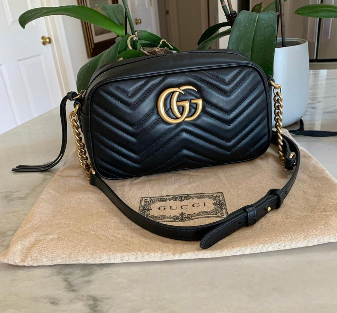 Gg marmont small online matelassé shoulder bag black