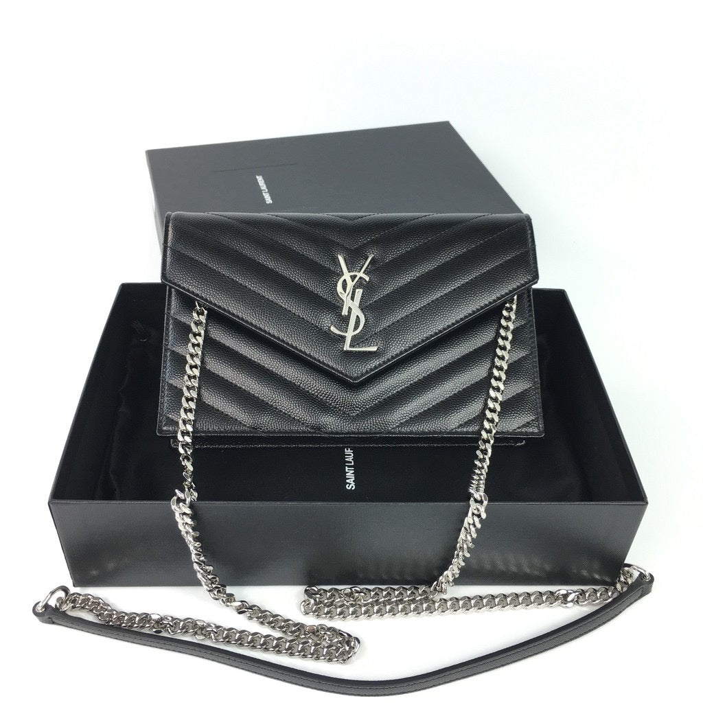 YSL ENVELOP CHAIN WALLET IN GRAIN DE POUDRE EMBOSSED LEATHER