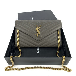 YSL MONOGRAM CHAIN WALLET IN GRAIN DE POUDRE EMBOSSED LEATHER