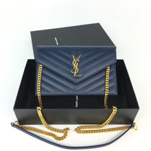 Load image into Gallery viewer, YSL ENVELOP CHAIN WALLET IN GRAIN DE POUDRE EMBOSSED LEATHER. (Blue)
